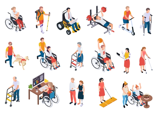 Set of isometric icons with disabled people living full life isolated on white background 3d vector illustration