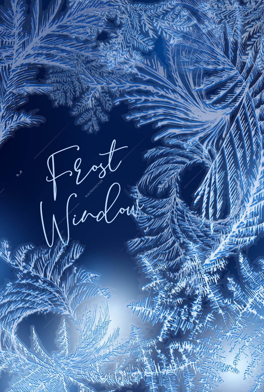 Realistic hoarfrost vertical poster with editable ornate text and dark blue background with swirls of frost vector illustration