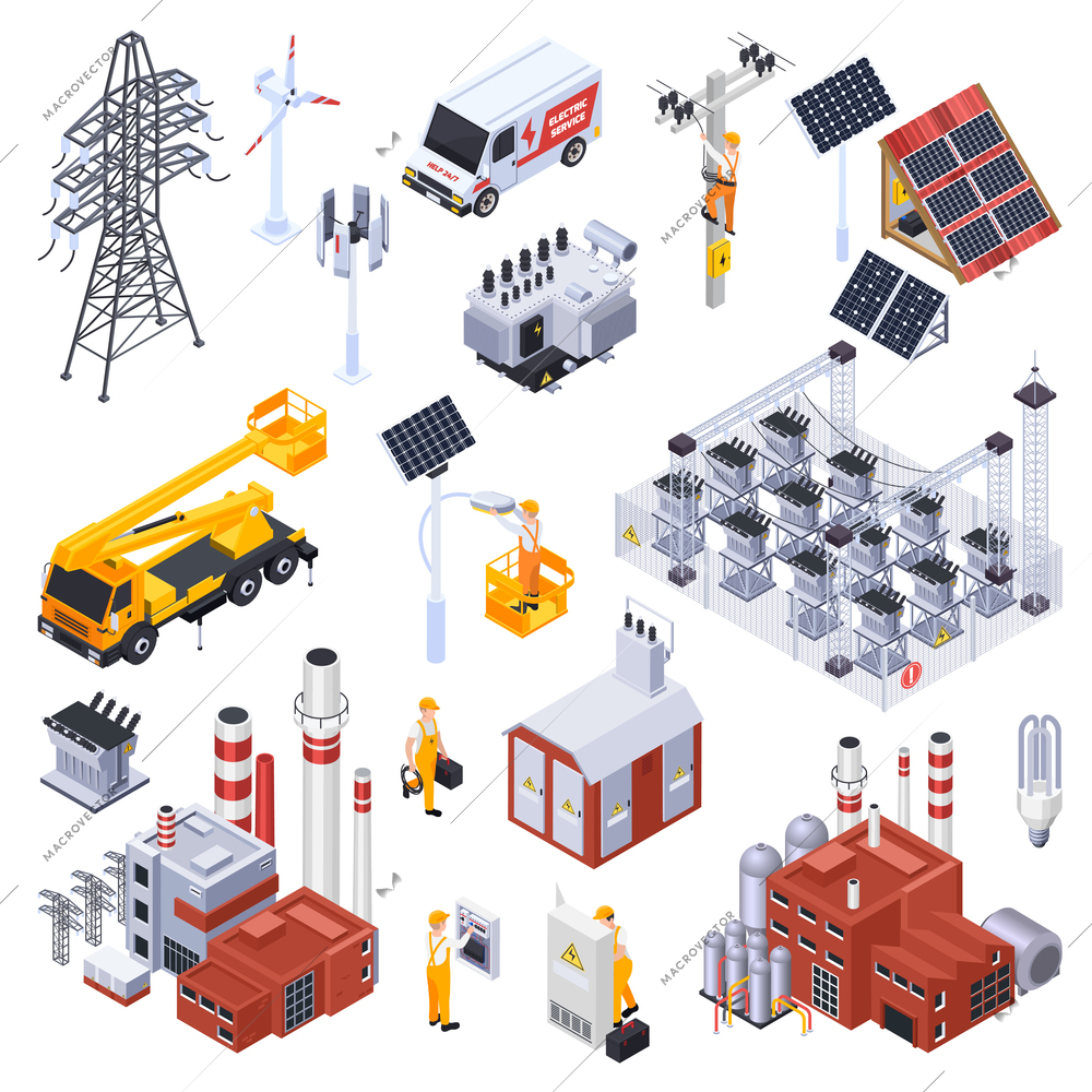 Isometric icons set with electricity production equipment power station electrician isolated on white background 3d vector illustration