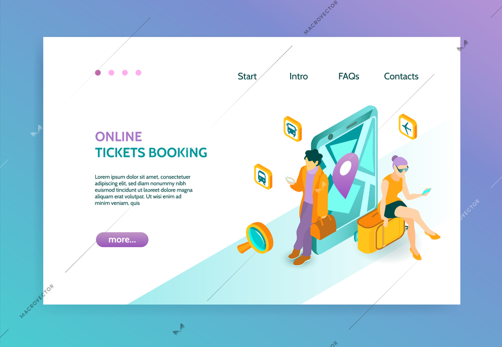 Online booking isometric landing page with people who book tickets with help of gadgets vector illustration