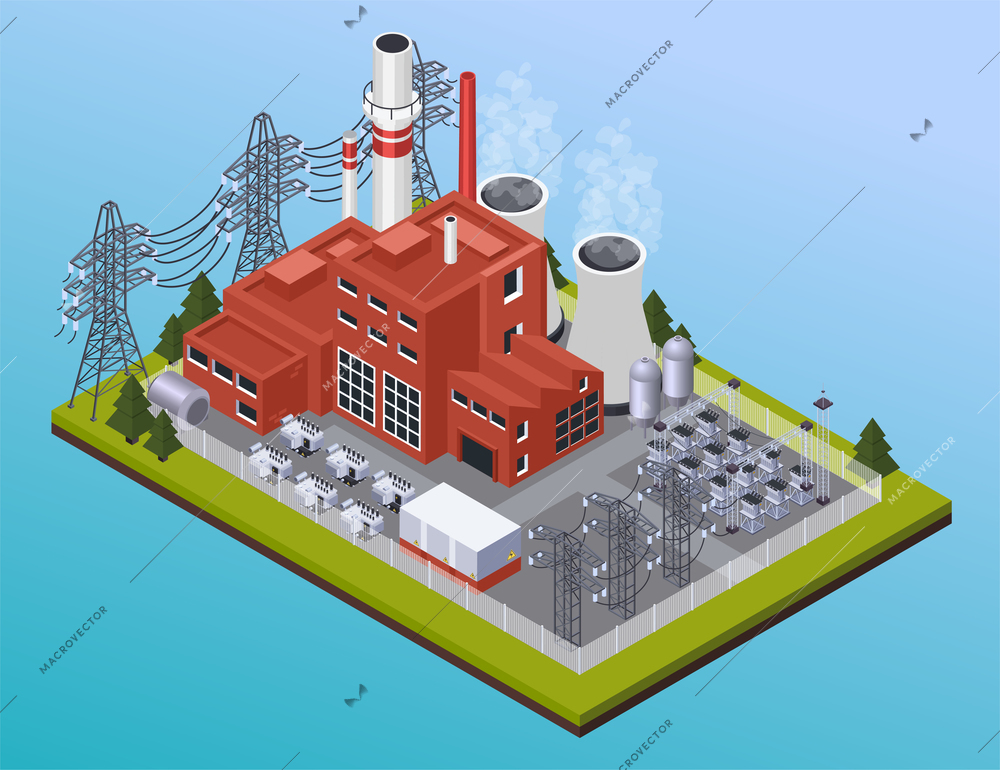 Electricity power station and high voltage wires isometric composition on gradient blue background 3d vector illustration