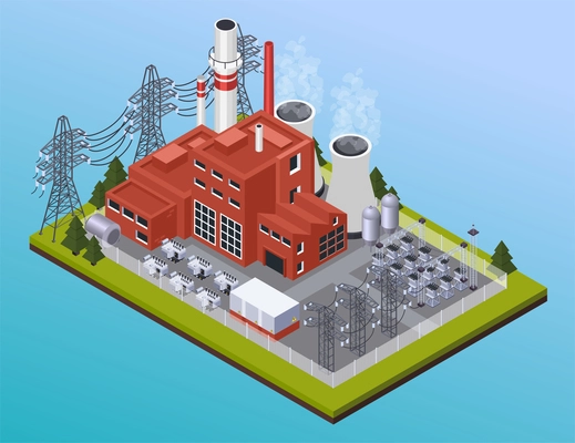 Electricity power station and high voltage wires isometric composition on gradient blue background 3d vector illustration