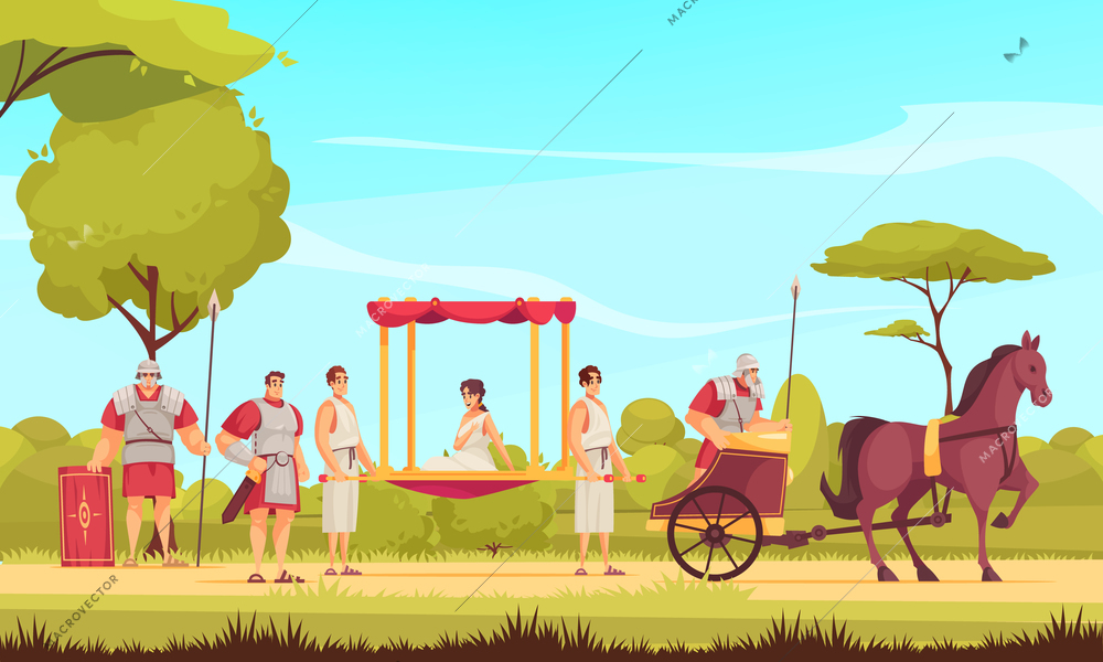 Ancient roman people gladiators and woman sitting on palanquin cartoon vector illustration