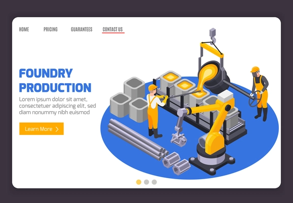 Metal industry plant banner with two workers casting iron 3d isometric vector illustration