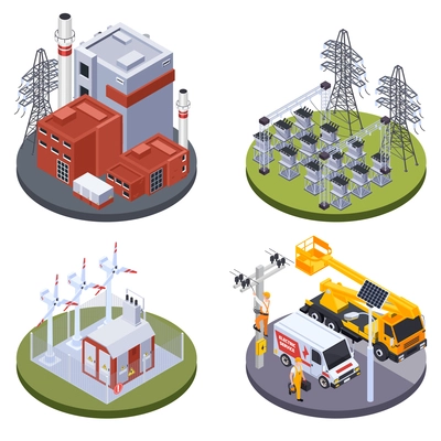 Electricity production plant and alternative sources of energy 2x2 isometric design concept 3d isolated vector illustration