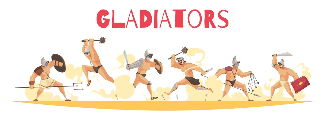 Fighting gladiators with swords shields spears from ancient rome cartoon vector illustration