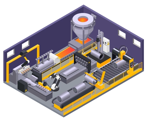 Isometric composition with automated machinery for metalworking 3d vector illustration