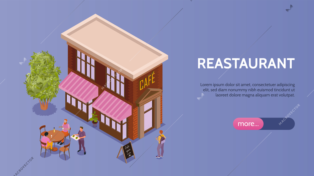 Restaurant isometric banner with cafe building billboard staff and visitors sitting at table outdoor vector illustration