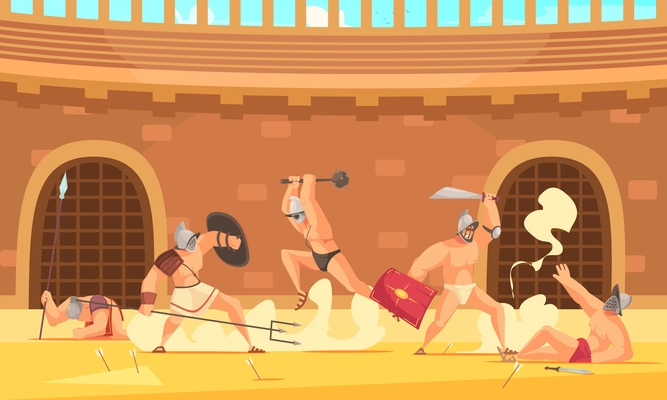 Five roman gladiators fighting at colosseum cartoon vector illustration