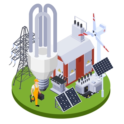 Electrician near electricity substation with solar panels and wind generator 3d isometric vector illustration