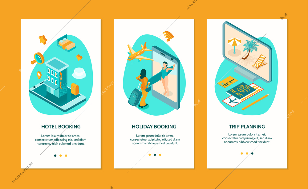 Online booking isolated vertical banners with trip planning holiday and hotel booking isometric concepts vector illustration