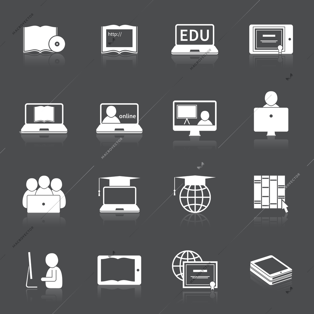 Online education home studying silhouette icons set isolated vector illustration