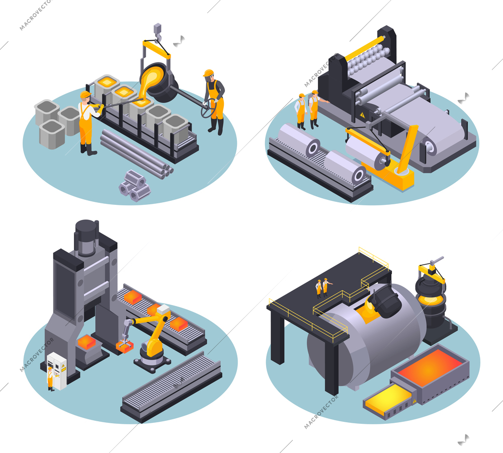 Isometric metal industry plant 2x2 design concept with equipment for casting iron 3d isolated vector illustration