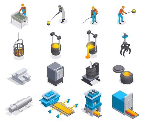Metallurgy foundry industry isometric set with sixteen isolated icons of plant facilities factory equipment and people vector illustration