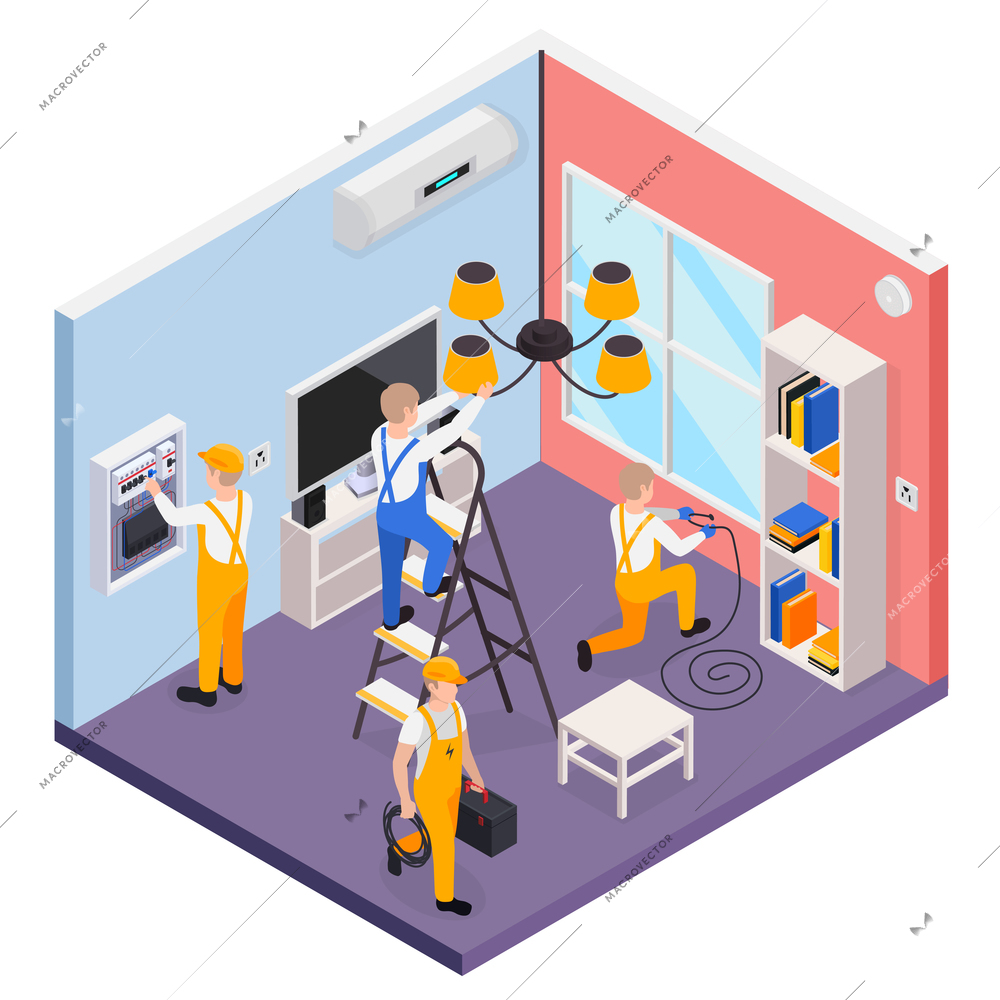 Electricity isometric composition with electricians checking and installing electrical equipment 3d vector illustration