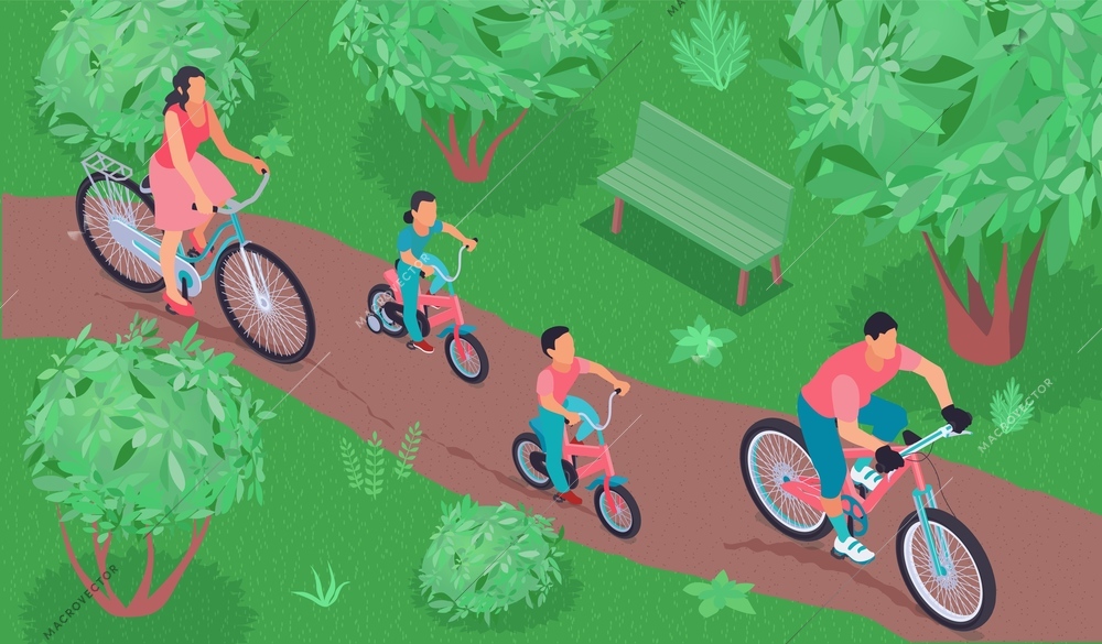 Healthy lifestyle isometric background with sports family riding bicycle in city park vector illustration