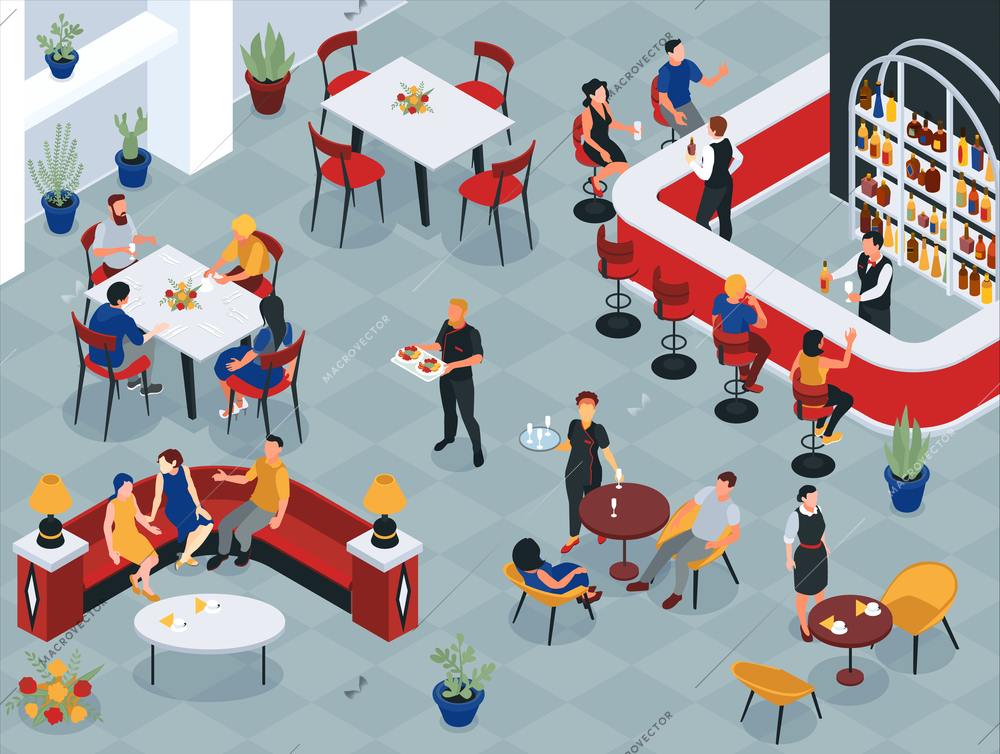 Restaurant interior with people sitting at tables and waiters serving food and drinks isometric vector illustration