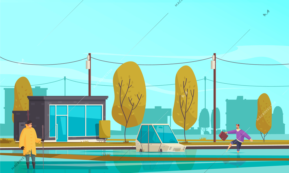 Natural phenomena background with flood and people symbols flat vector illustration