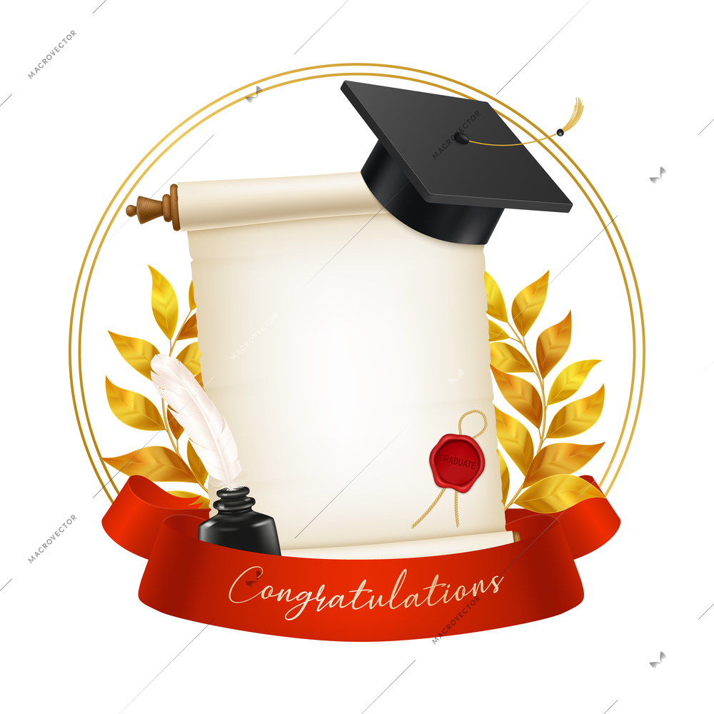 Realistic graduate cap crown of laurel ink pot on white background vector illustration