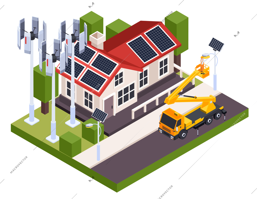 Electricity isometric composition with electrician replacing light bulb in post with solar panel 3d vector illustration