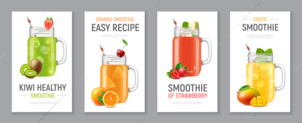 Set of four vertical realistic banners with cold fruit and berry smoothie in jars isolated vector illustration