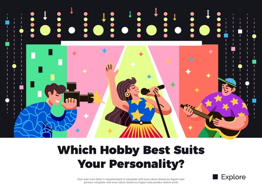Choosing hobby suiting your personality bright colorful banner with singer guitar playing man and photographer vector illustration