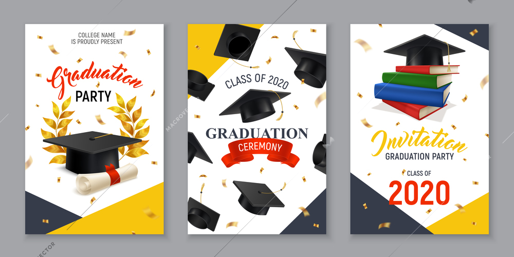 Realistic vertical banners set with graduation party and ceremony invitation isolated vector illustration