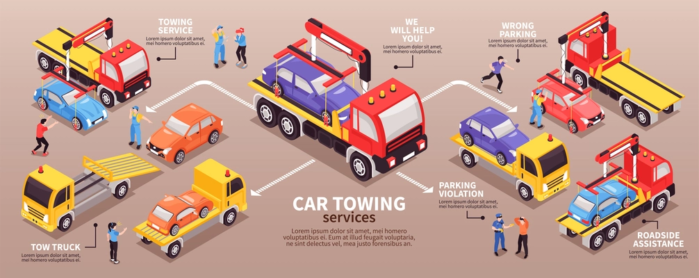 Isometric tow truck horizontal infographics with images of lorry car loading people and arrows with text vector illustration