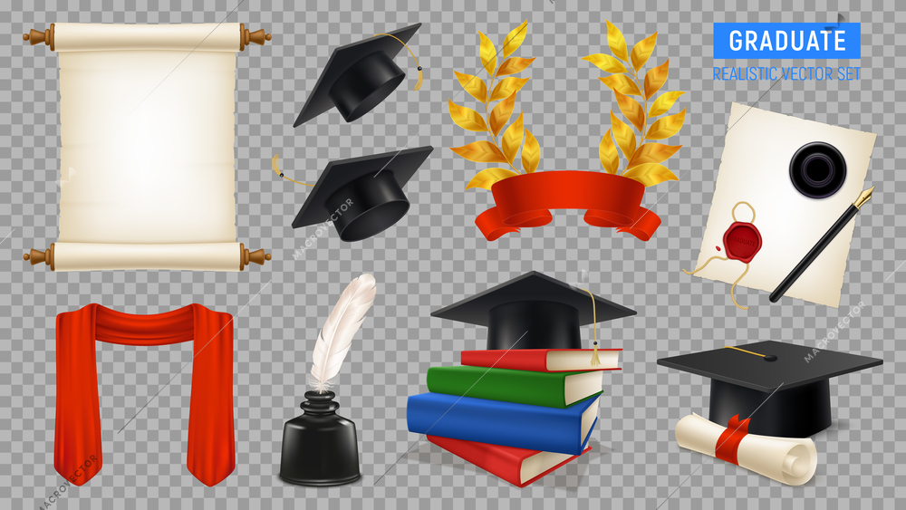 Realistic set with graduate caps stationary crown of laurel isolated on transparent background vector illustration