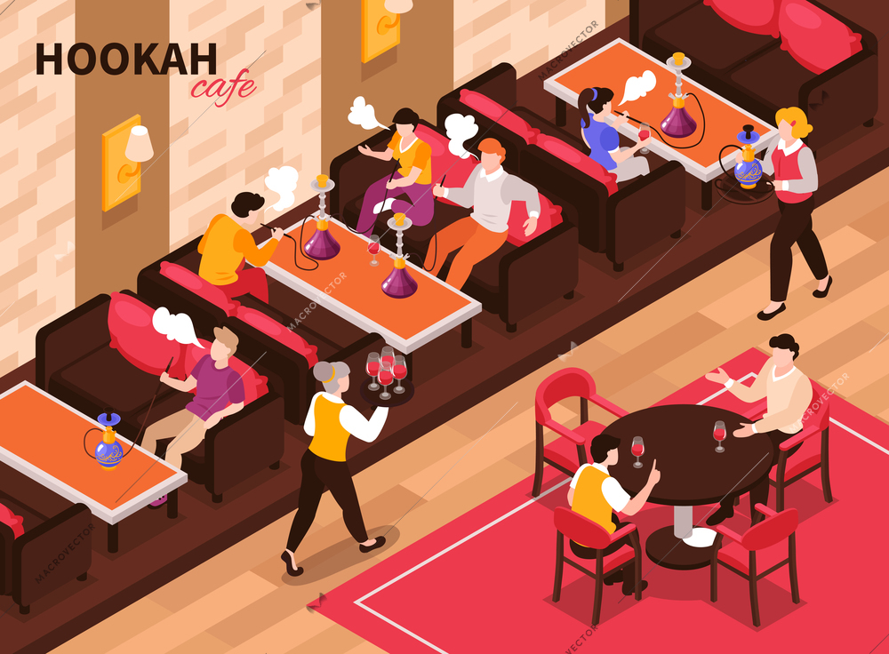 Isometric hookah cafe composition with text and indoor view of tobacco restaurant with sitting smoking people vector illustration