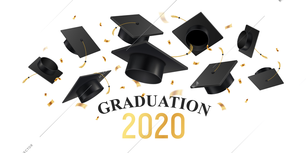 Realistic horizontal poster with black graduate caps in air vector illustration