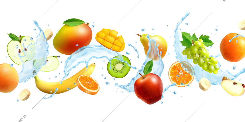 Realistic horizontal background with different fruits and splash of water vector illustration