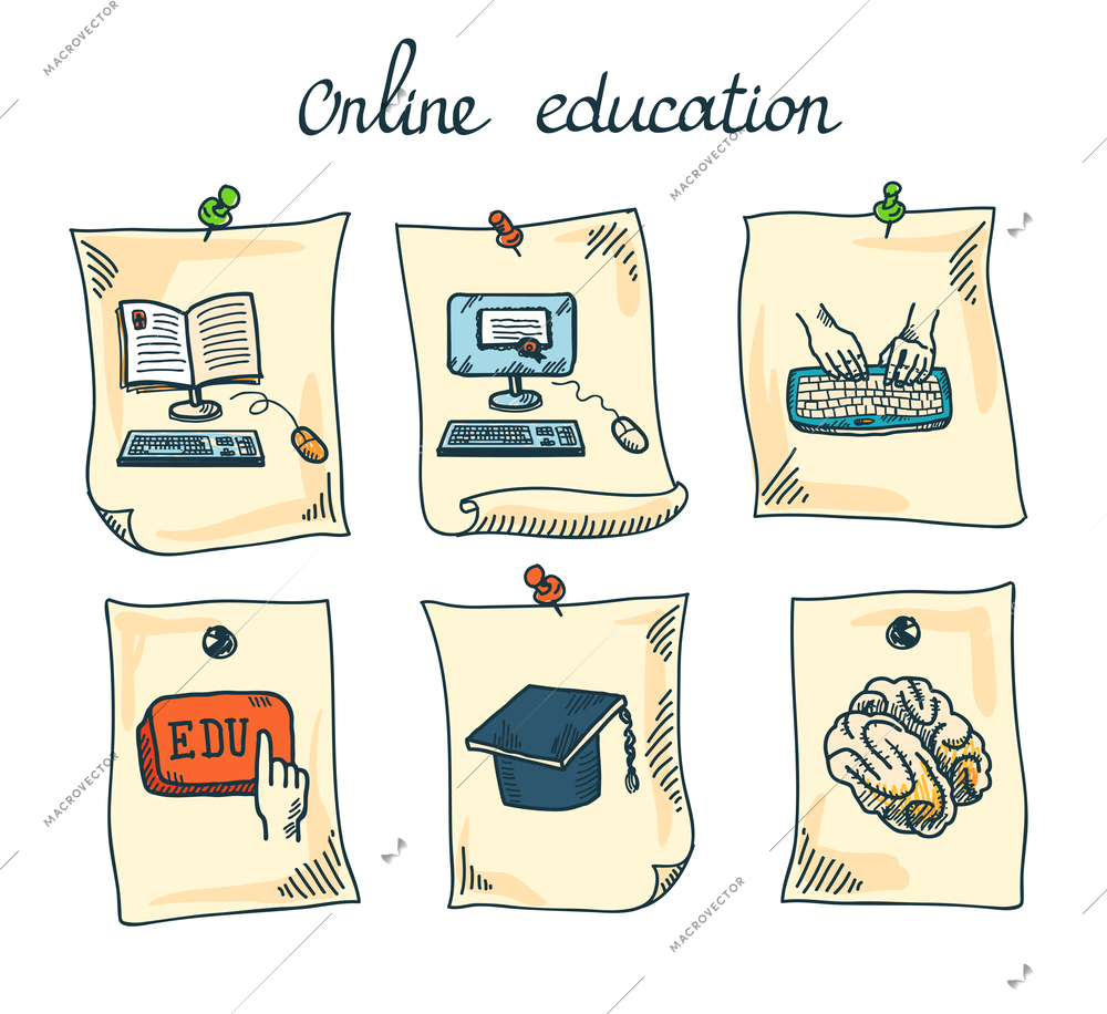 Online education e-learning webinar digital school sticker set isolated vector illustration