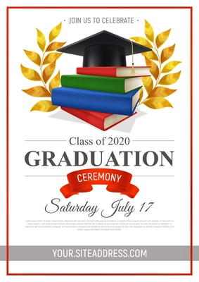 Graduation ceremony vertical realistic poster with cap books and laurel vector illustration