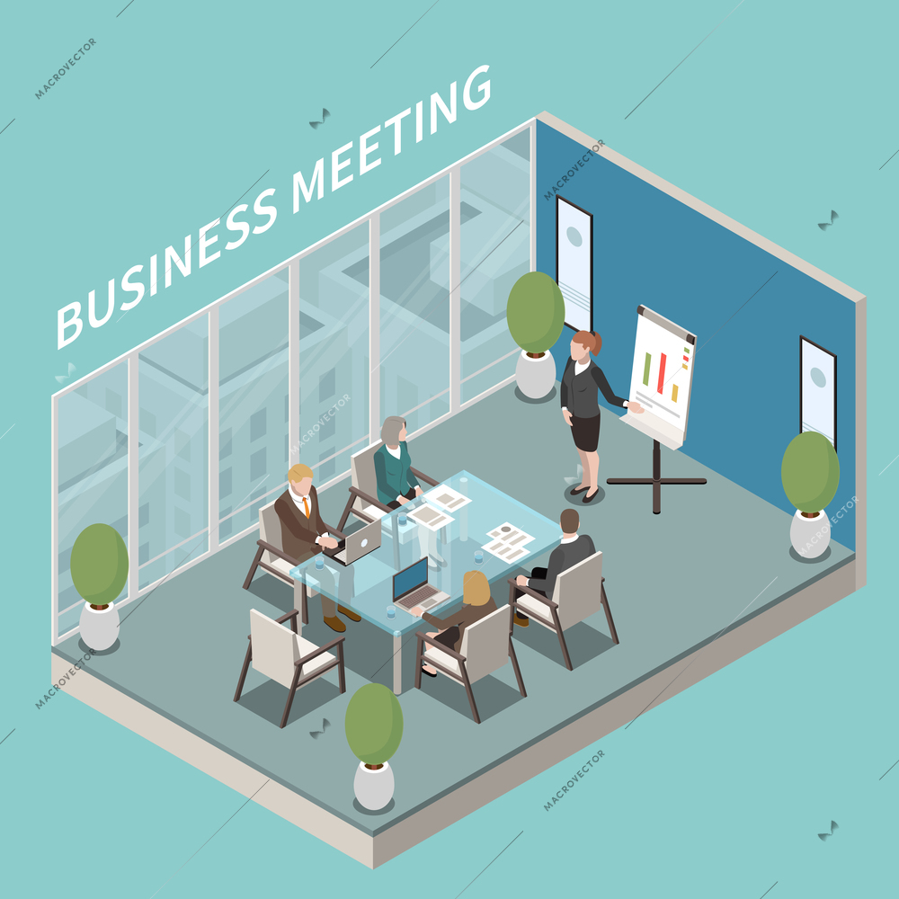 Small meeting room business presentation isometric composition with speaker and participants at glass square table vector illustration