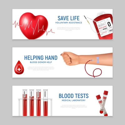 Realistic horizontal banners set with hand of donor and tubes with blood isolated vector illustration