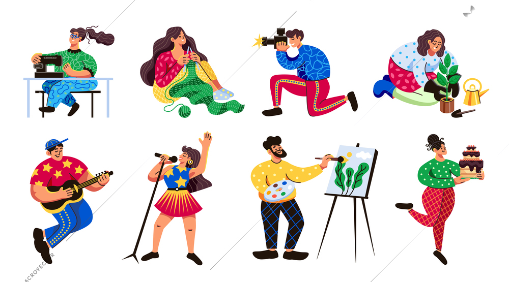 Popular hobbies 8 flat colorful characters enjoying knitting sewing singing cooking drawing gardening playing guitar vector illustration