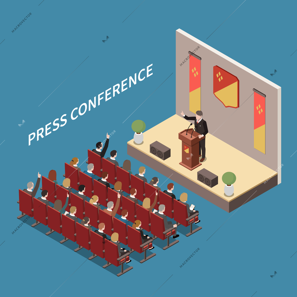 Press conference at central hall isometric composition with speaker on podium media representatives raising hands vector illustration