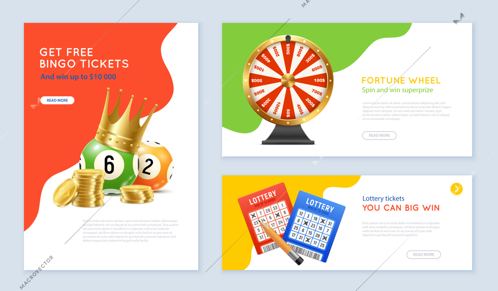 Realistic banners set with bingo lottery tickets balls fortune wheel isolated vector illustration