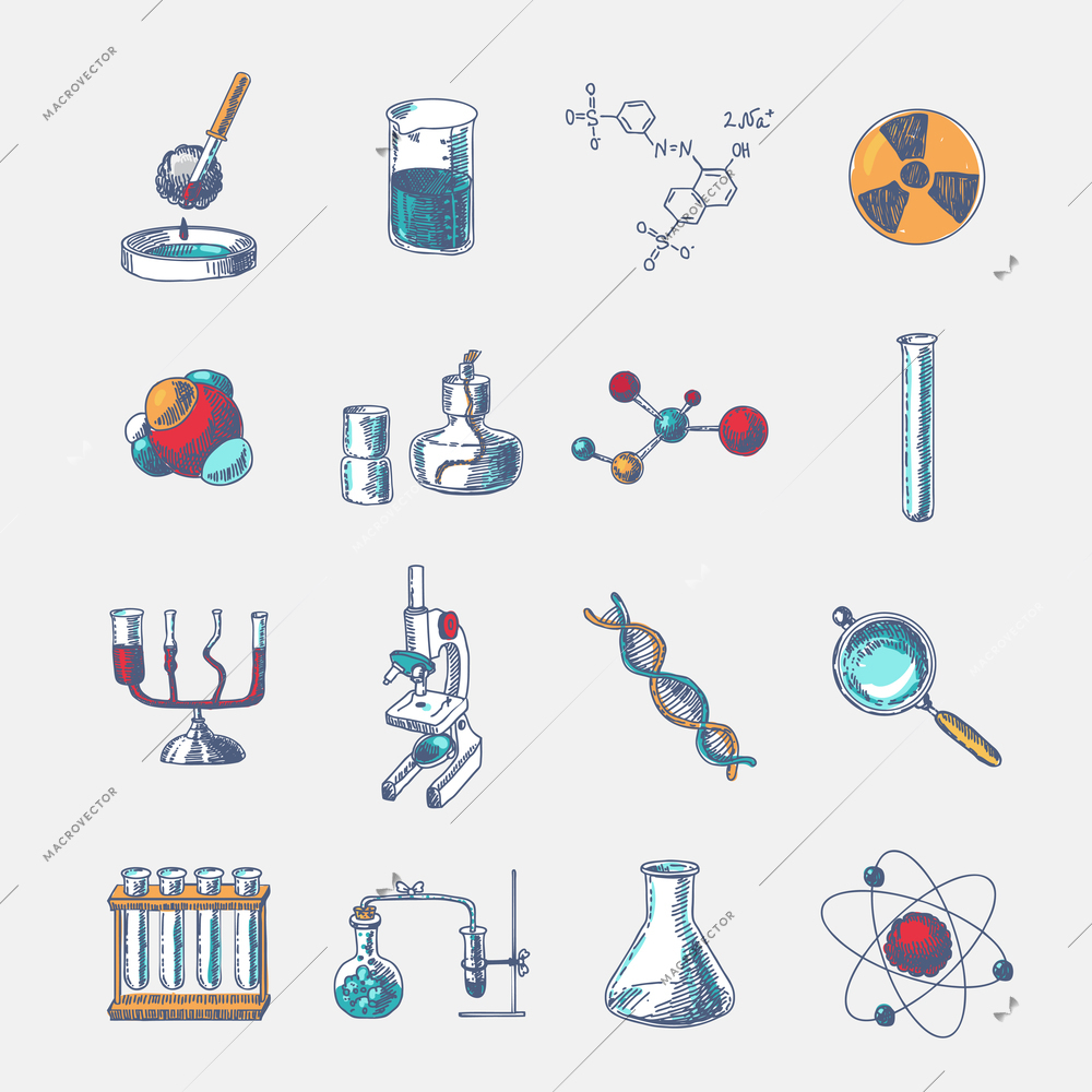 Chemistry scientific dna molecule research equipment glass tube holder and burner doodle sketch icons set vector illustration