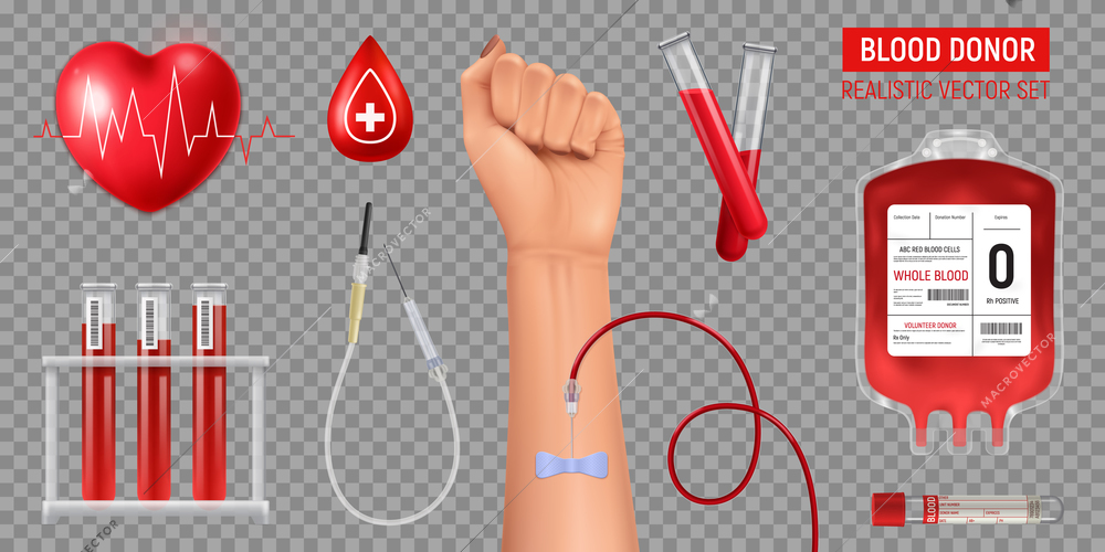 Equipment for blood donation human hand heart realistic icons set on transparent background isolated vector illustration