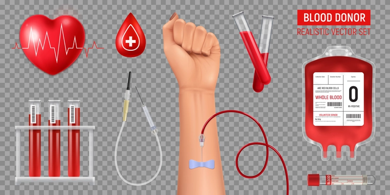 Equipment for blood donation human hand heart realistic icons set on transparent background isolated vector illustration