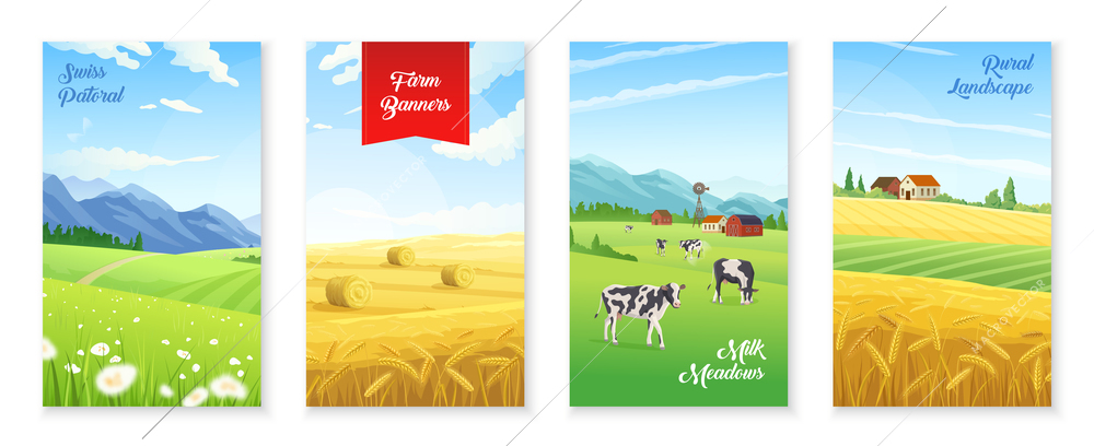 Realistic banners set with summer farm landscapes and cows on field isolated vector illustration
