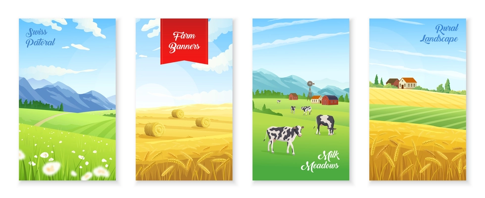 Realistic banners set with summer farm landscapes and cows on field isolated vector illustration