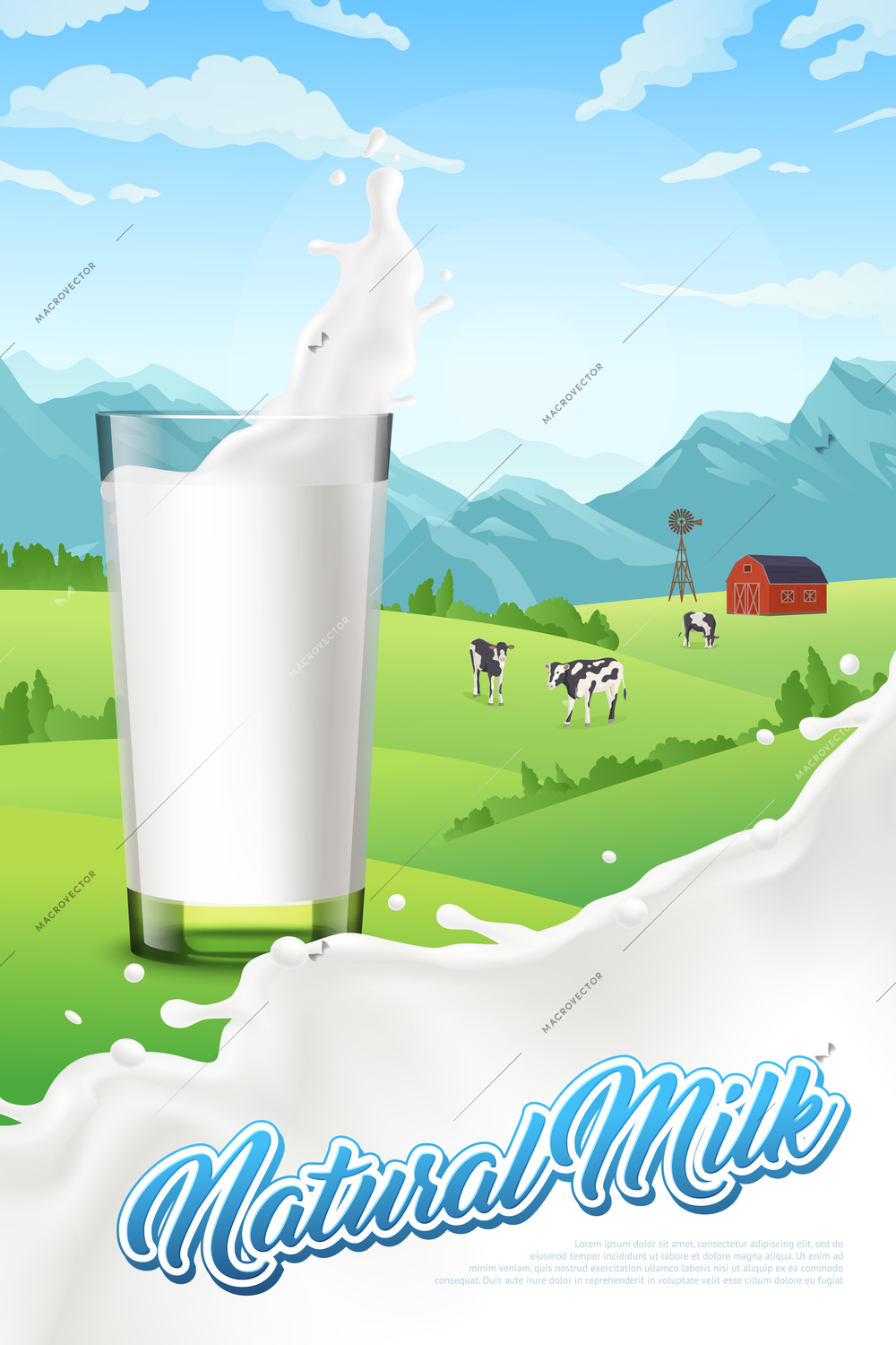 Vertical poster with glass of milk and farm on background realistic vector illustration