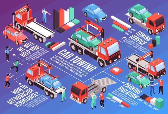 Isometric tow truck horizontal composition with editable text colourful graphs and images of vehicles with people vector illustration