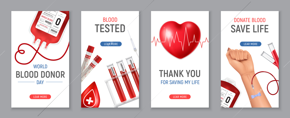 World blood donor day vertical banners set with tubes containers human hand isolated on grey background realistic vector illustration