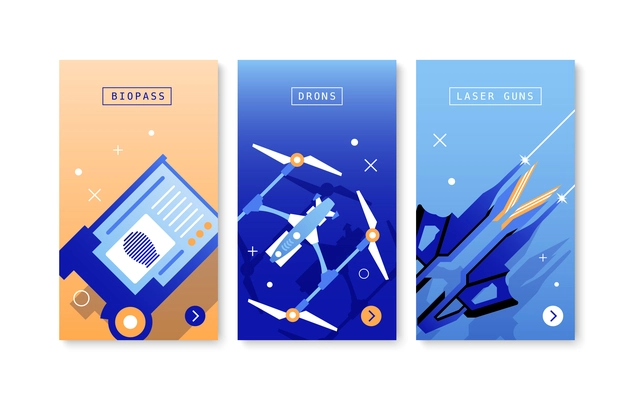 Future technologies three posters with bio pass drones laser guns flat color compositions isolated vector illustration