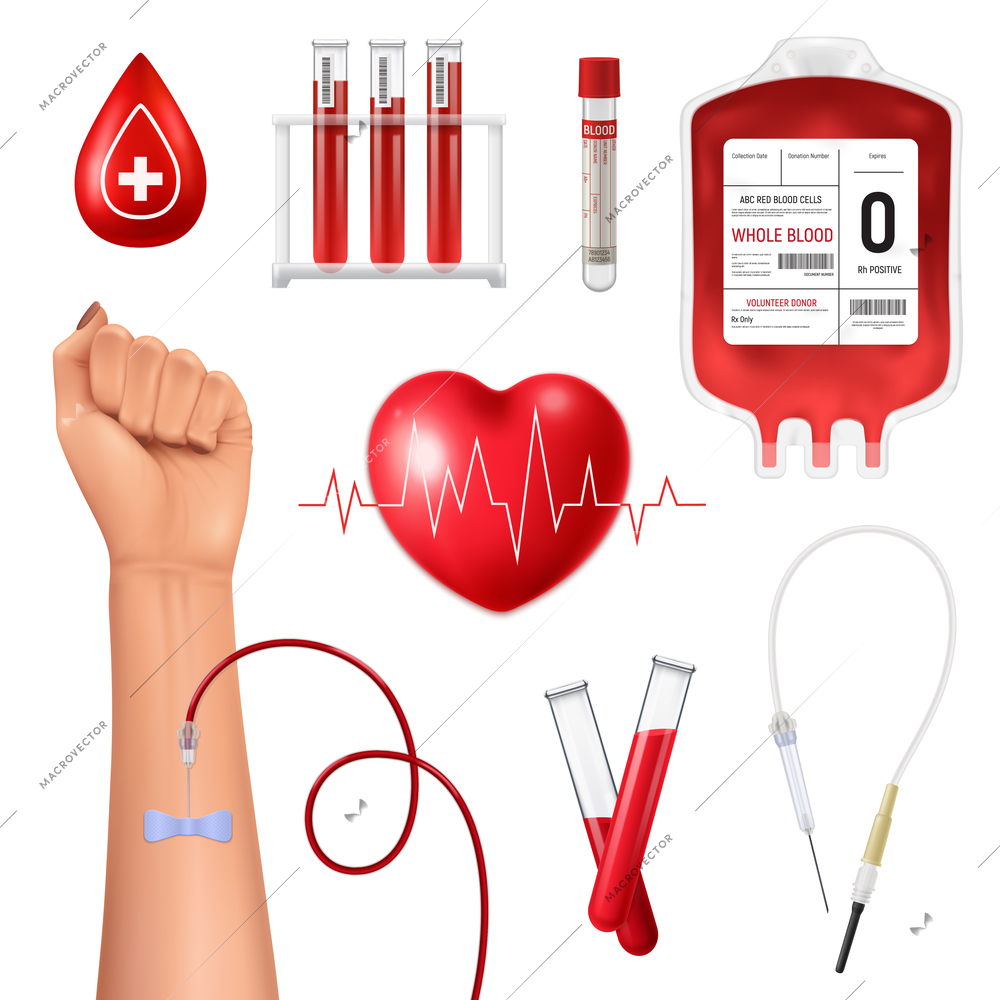 Realistic blood donor set with human hand and medical equipment isolated on white background vector illustration