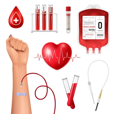 Realistic blood donor set with human hand and medical equipment isolated on white background vector illustration